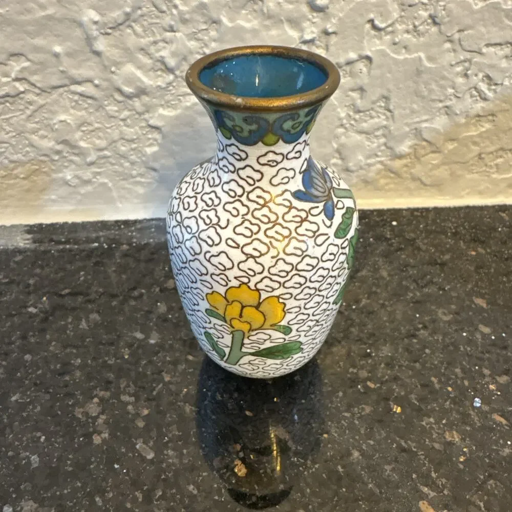 VTG Chinese Cloisonné Floral Bird Enamel Brass Mini Vase White Purple Yellow